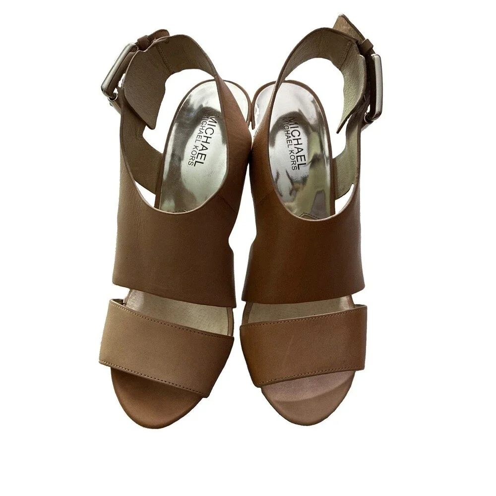 Michael Kors Carla Tan Leather Platform Heel Slingback Women's Sandals Sz 9.5